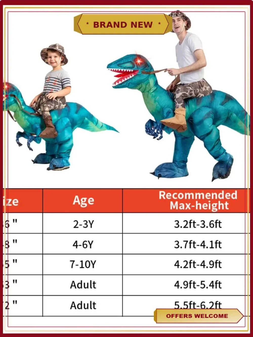 GOOSH Kids Inflatable Dinosaur Costume 55in Halloween Blow Up Suit
